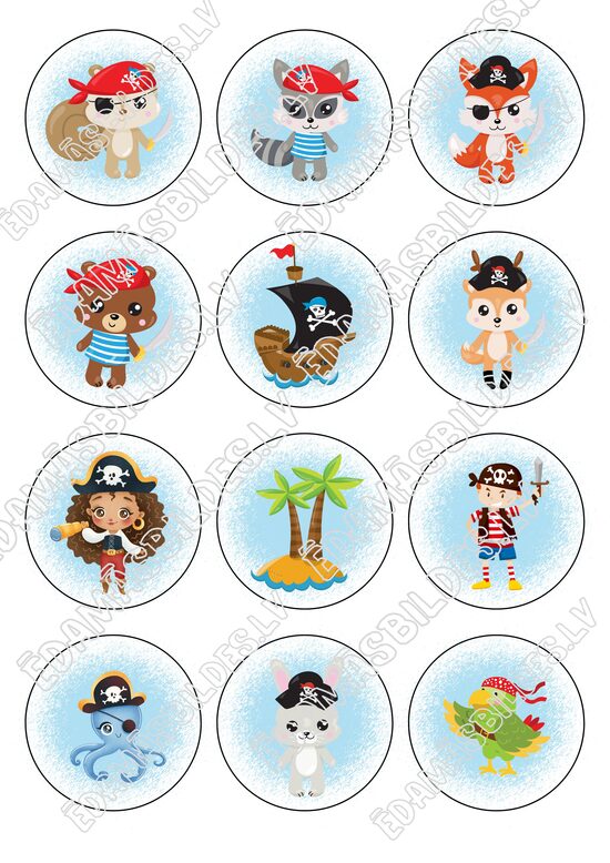 Cukura papīrs ar apdruku "Jautrie pirāti", kapkeiku aplīši 6 cm